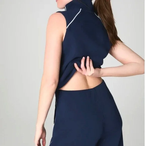 Spanx AirEssentials XL Pique Sleeveless Mockneck Jumpsuit Navy Wide Leg OpenBack - Picture 4 of 10